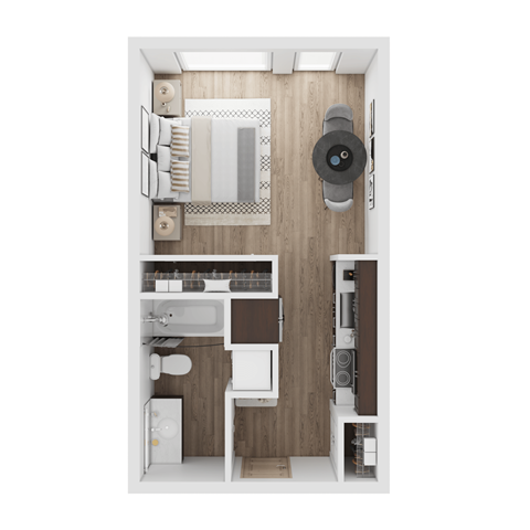 a stylized floor plan of a small apartment with a bedroom and a living room